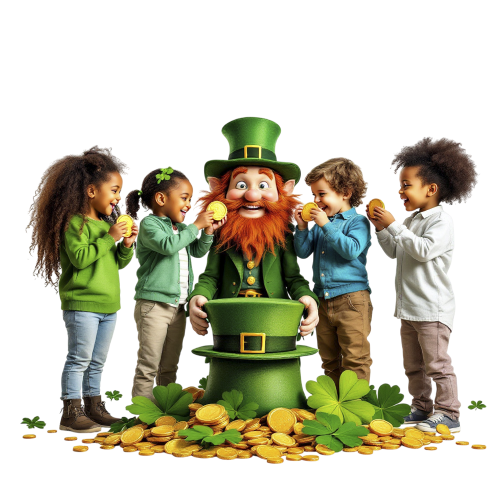 A group of children with leprechauns and gold coins png