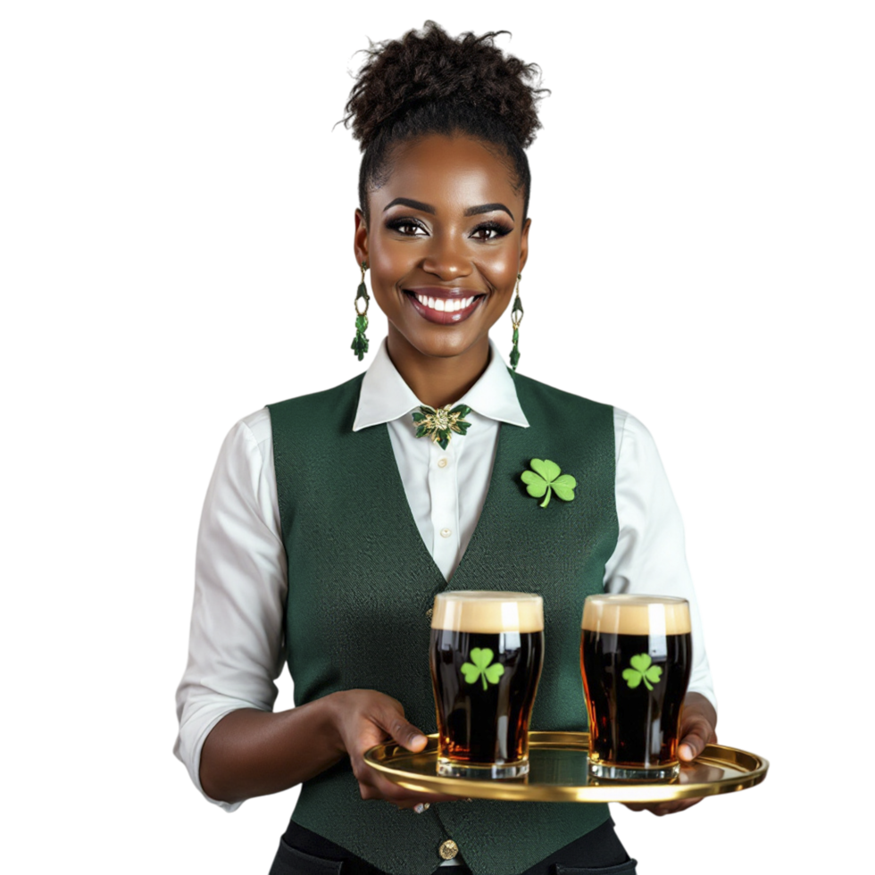 A woman in an apron holding two glasses of beer png