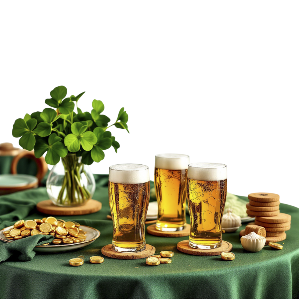 St patrick's day table with beer glasses and shamrock png