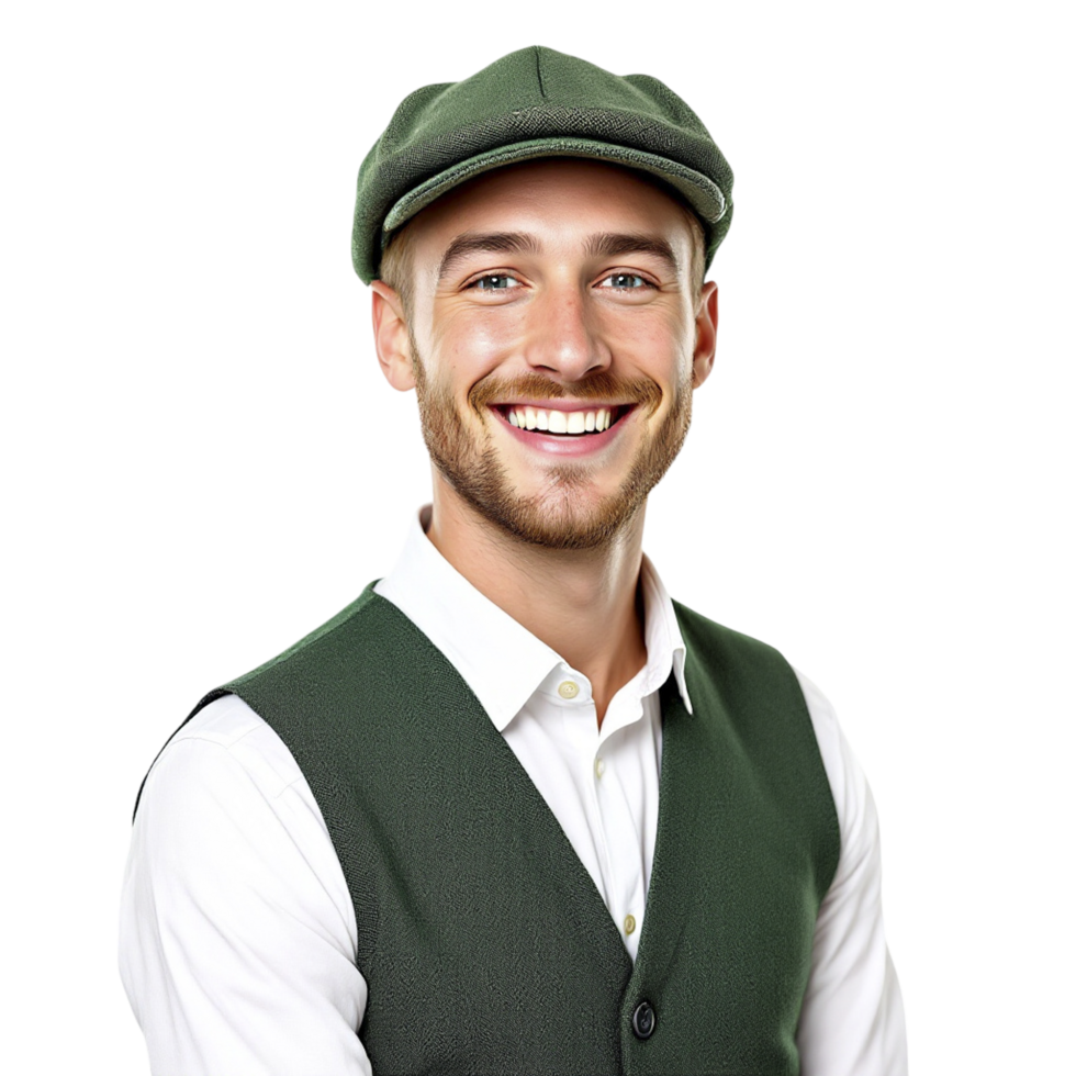 A man in a green hat and vest png