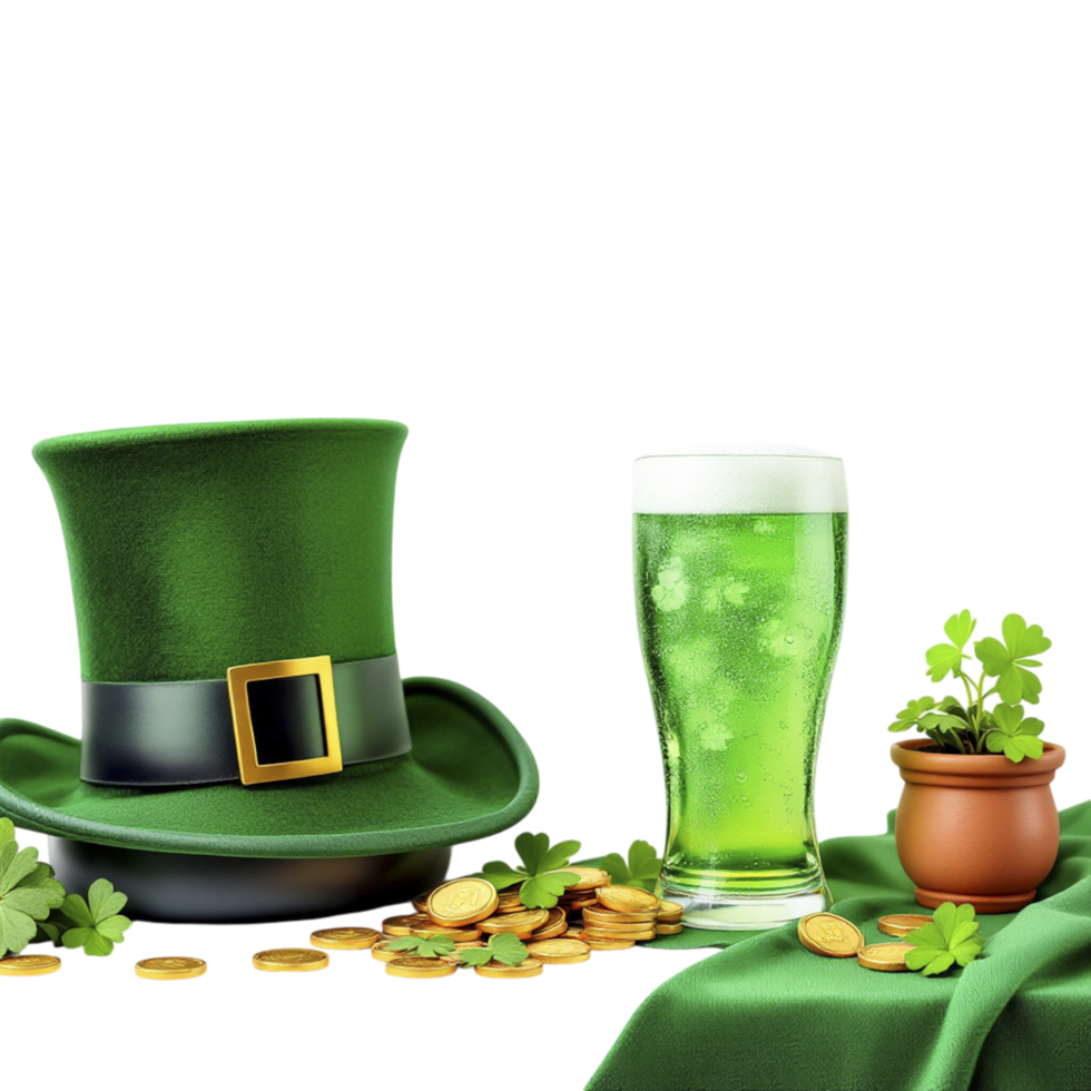 St patrick's day green hat, beer and coins on black background png