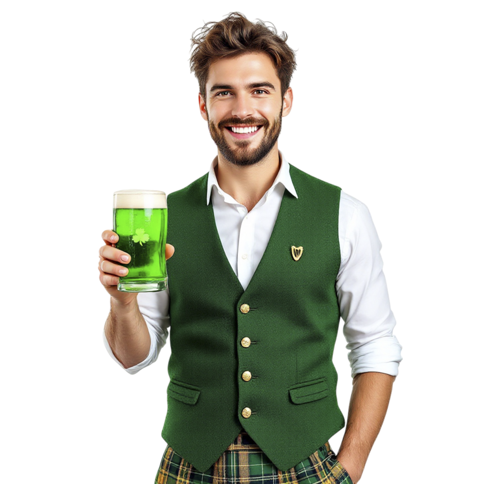 A man in a green vest and kilt holding a beer png