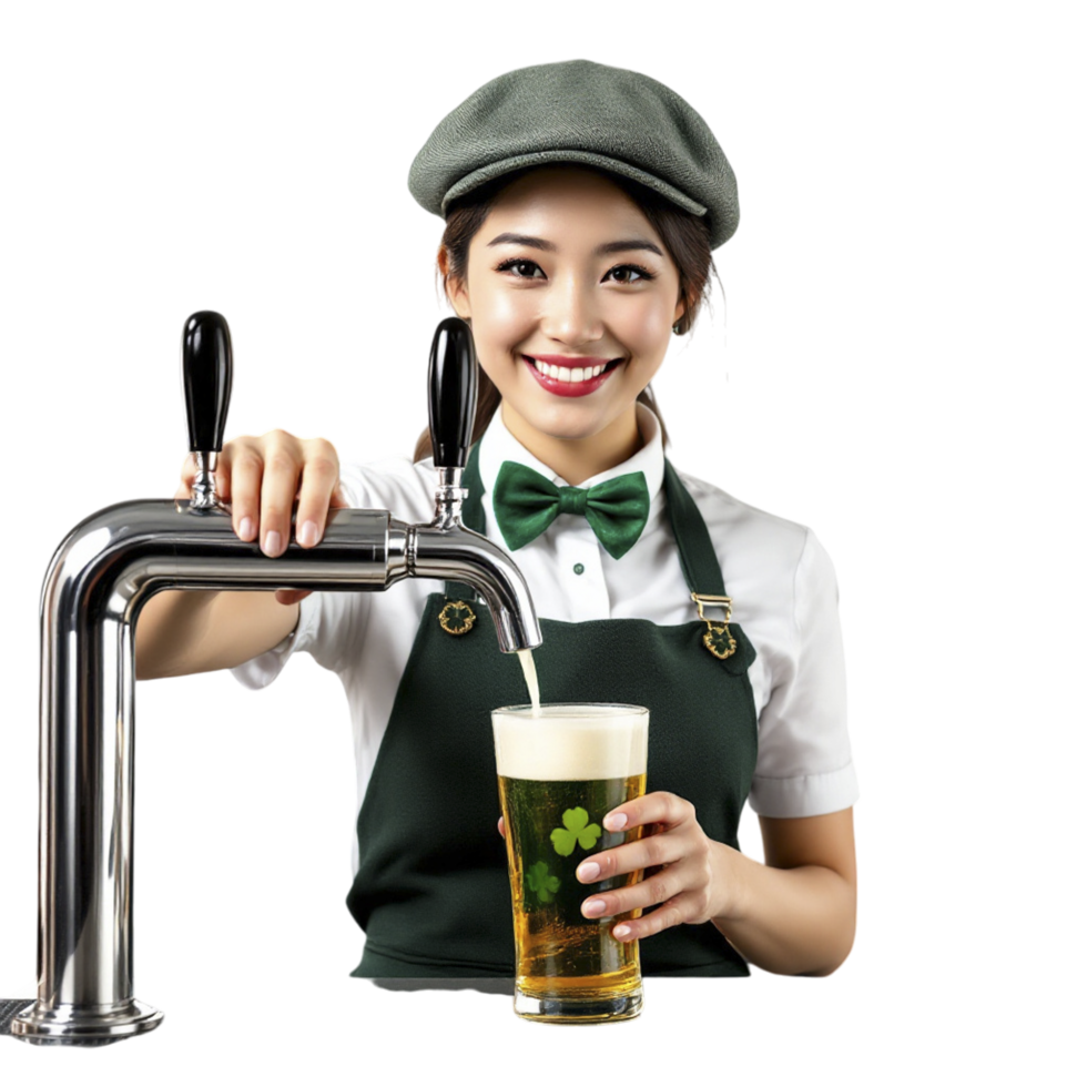 A woman in an apron pouring beer from a tap png