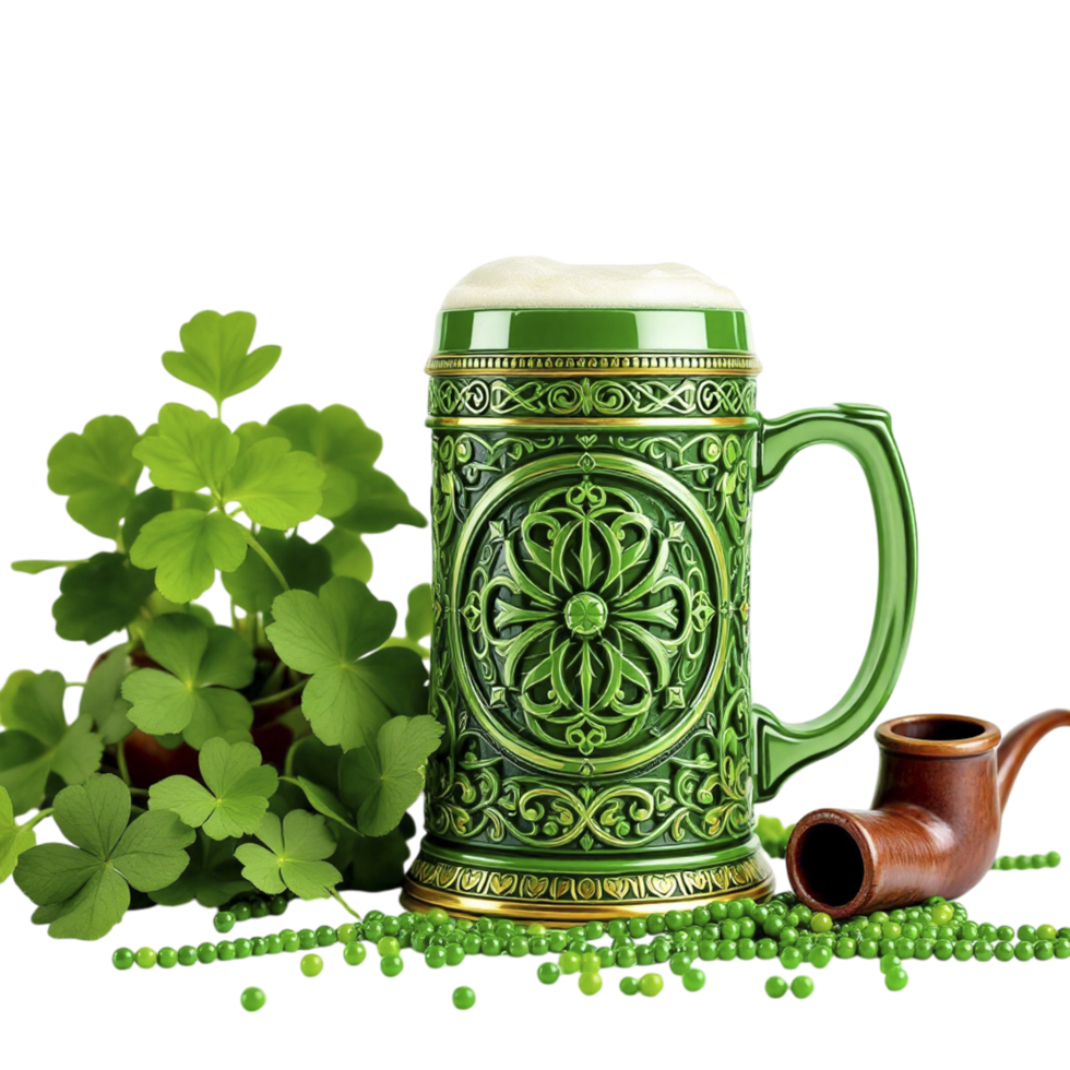 A green beer mug with shamrock leaves and a pipe png