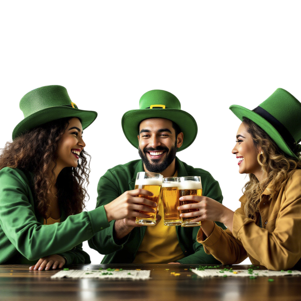 Three people in green hats and hats toasting beer png