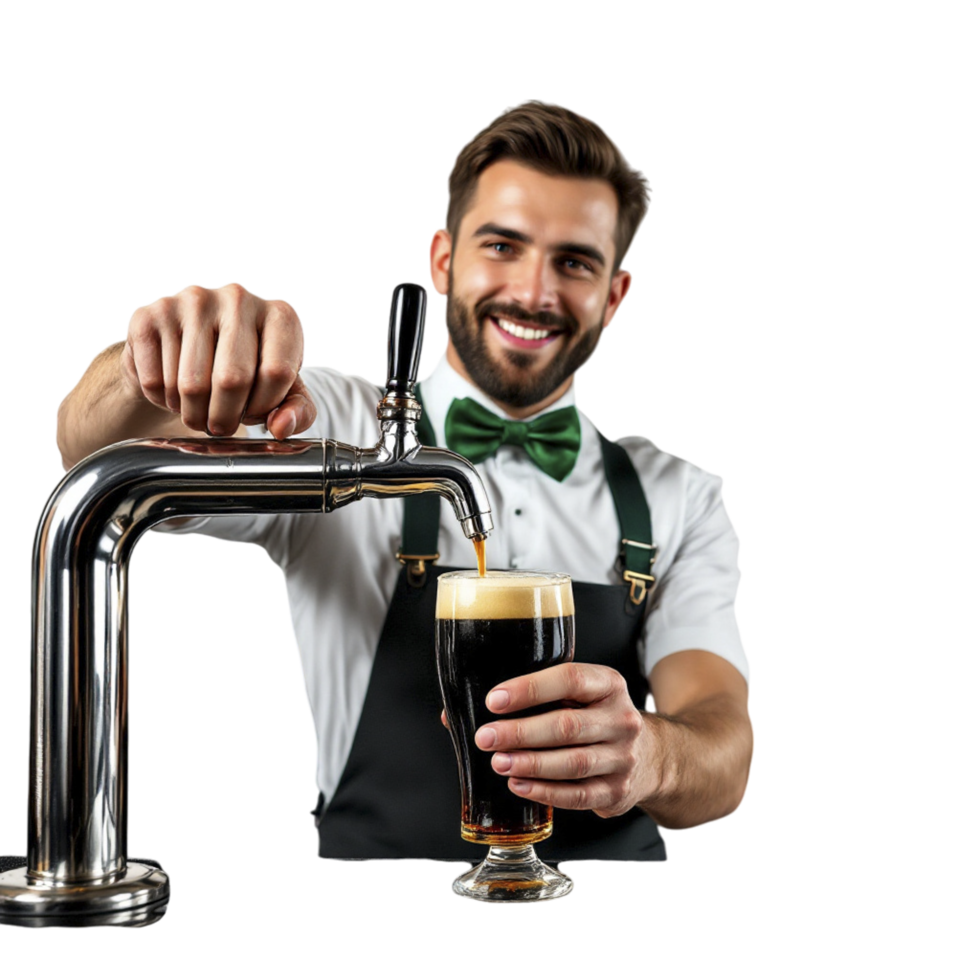 A man in apron pouring beer from a tap png