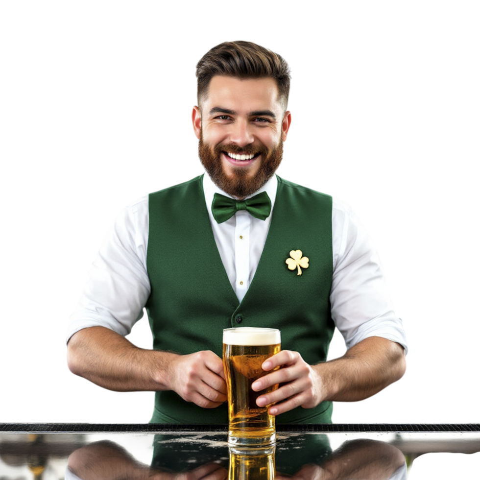 A man in a green vest holding a beer png