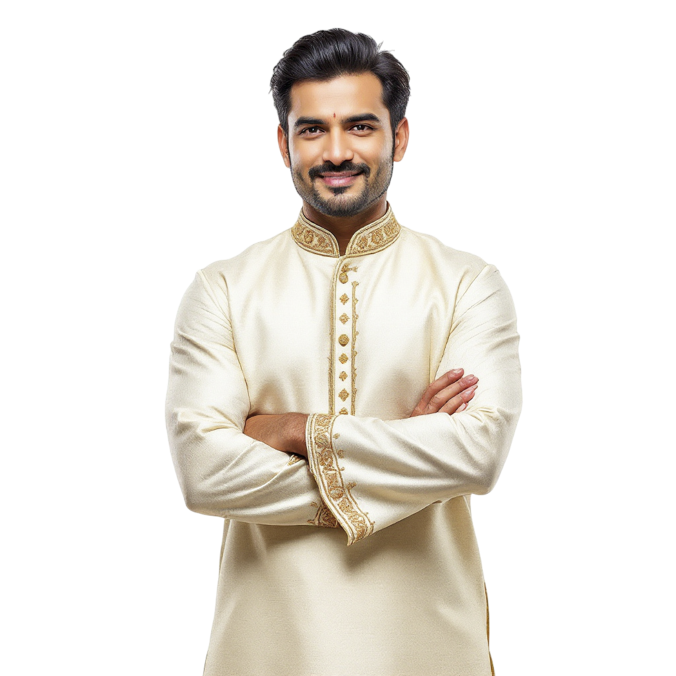 An indian man in a cream colored kurta png