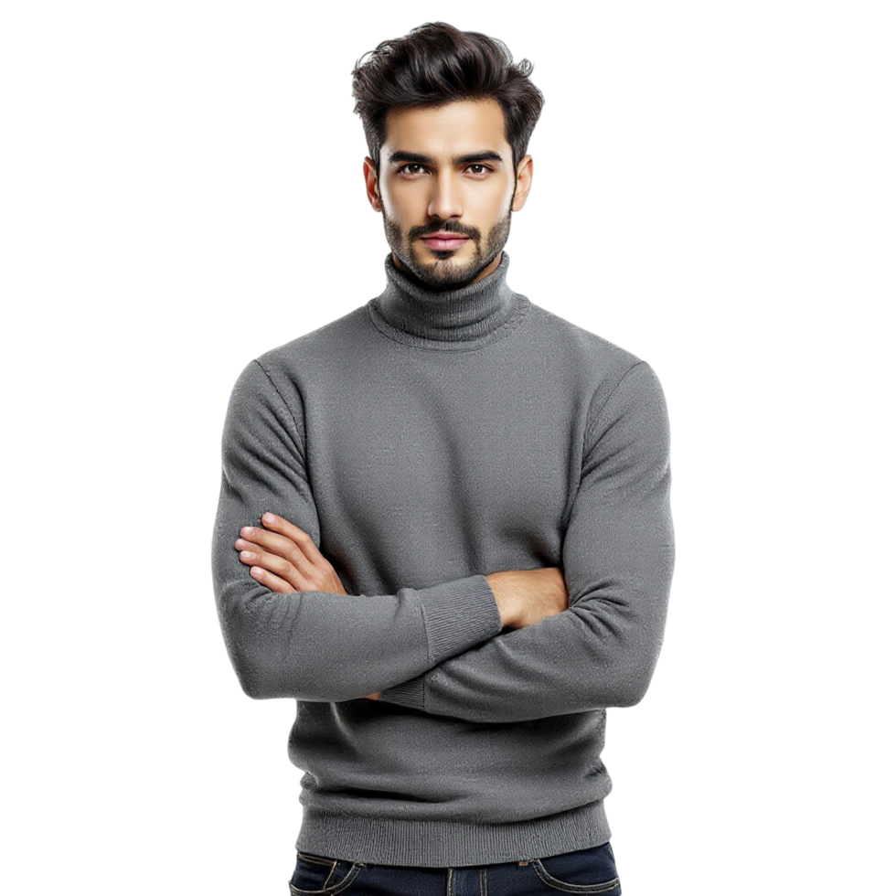 A man in a turtle neck sweater standing with his arms crossed png