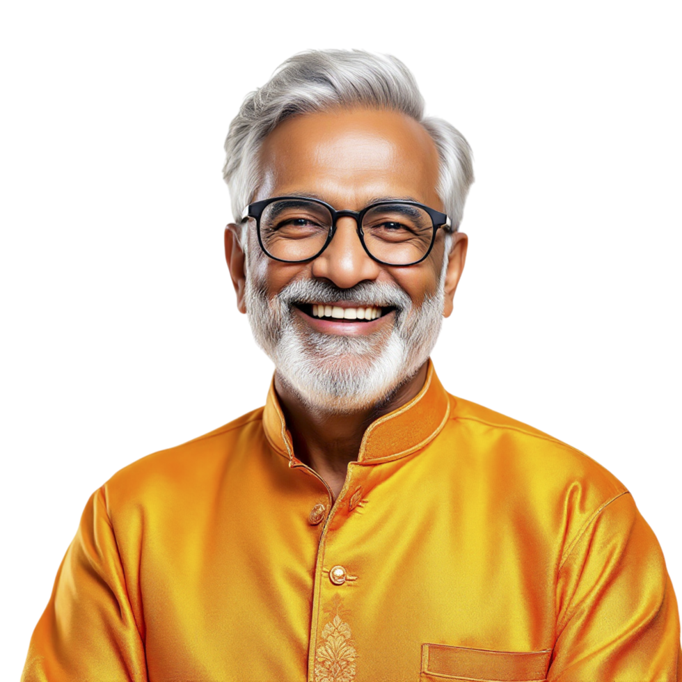 An older man in an orange shirt and glasses png