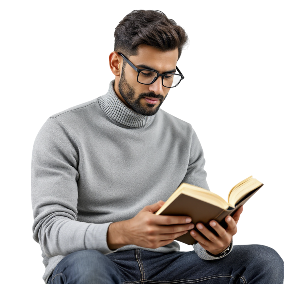 A man in glasses is reading a book png