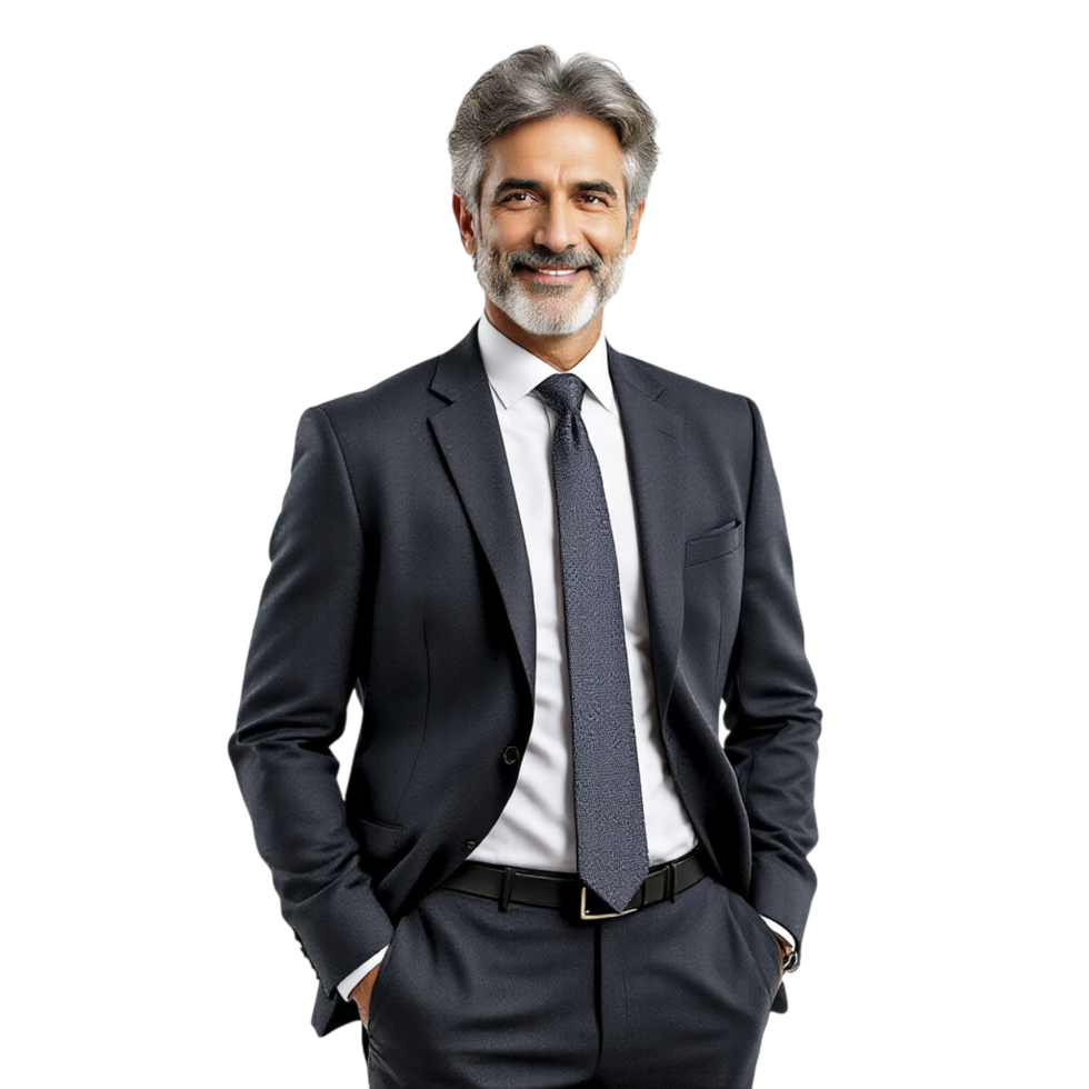 A man in a suit and tie standing with his hands on his hips png