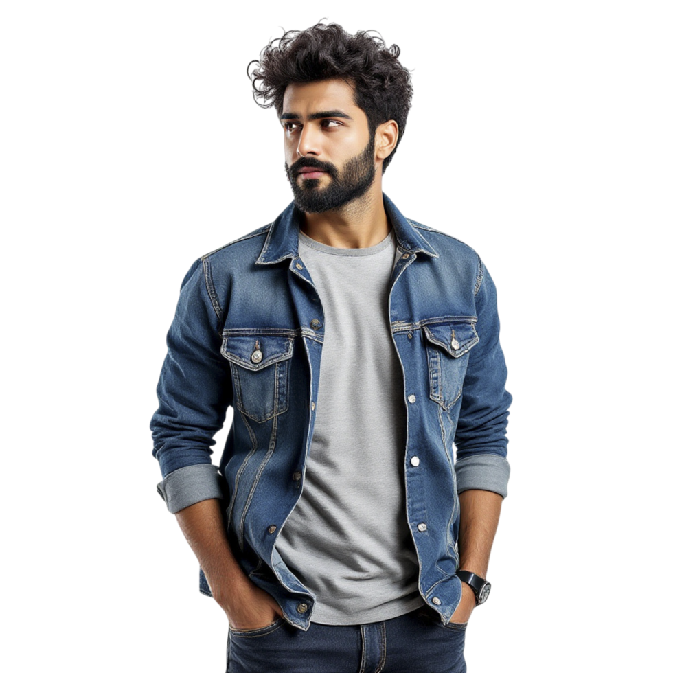 A man in a denim jacket standing with his hands in his pockets png