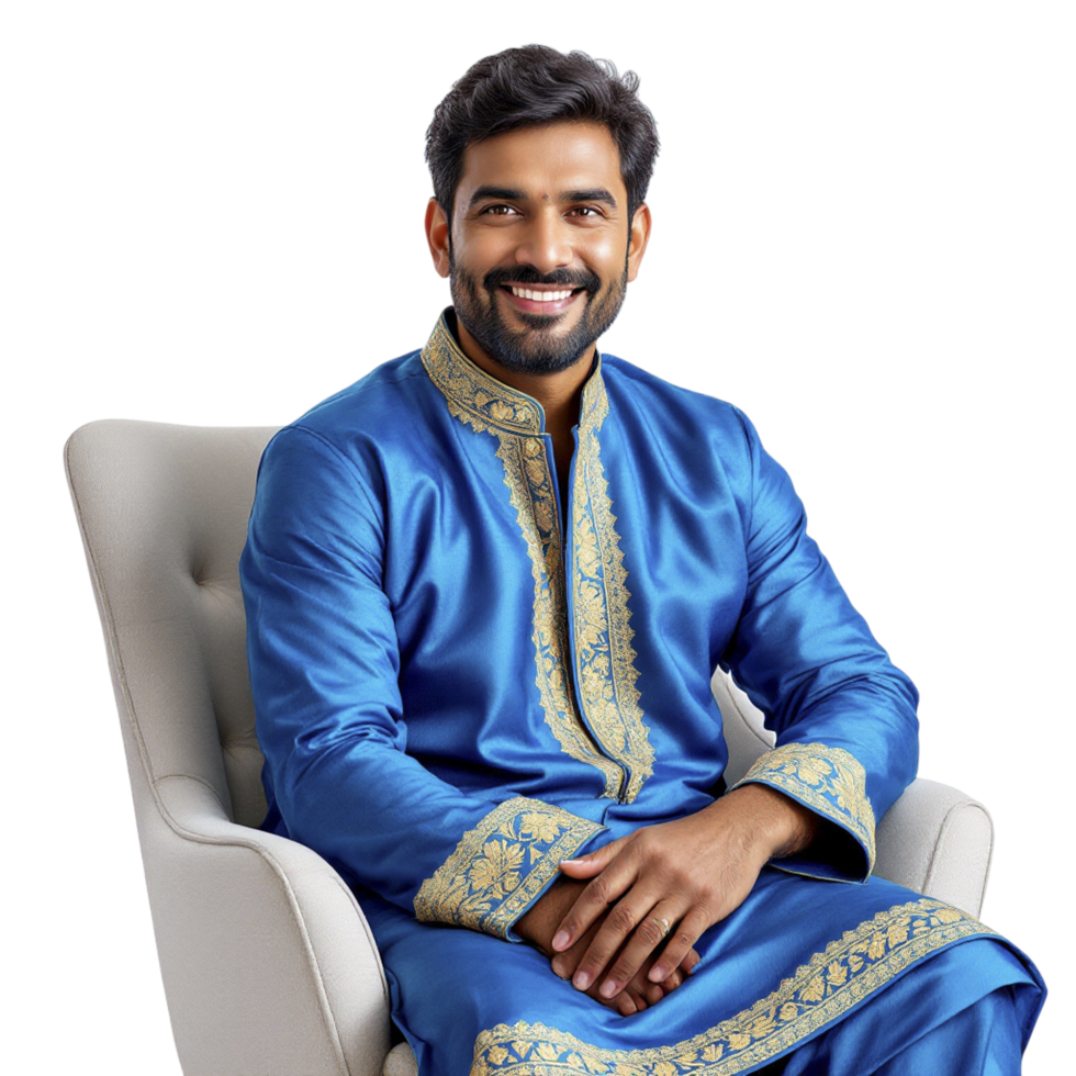 A man in a blue indian outfit sitting on a chair png