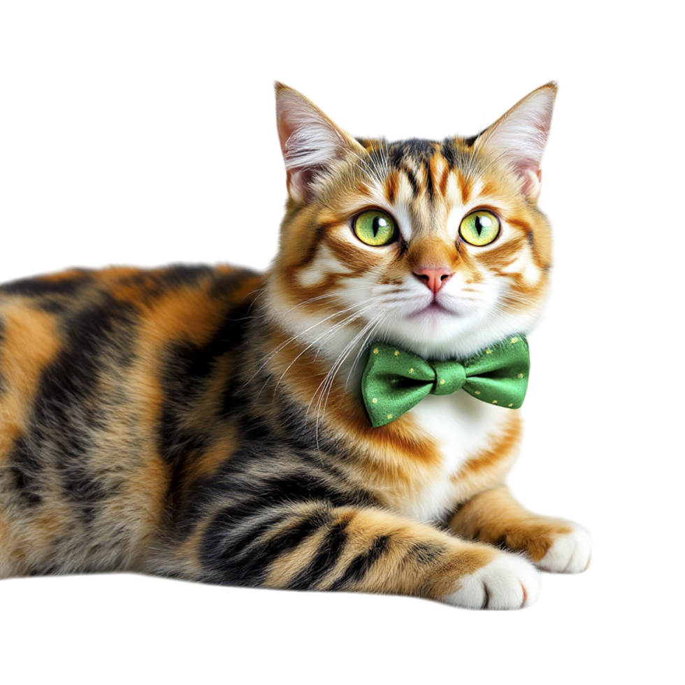 A cat with a green bow tie sitting on a black background png