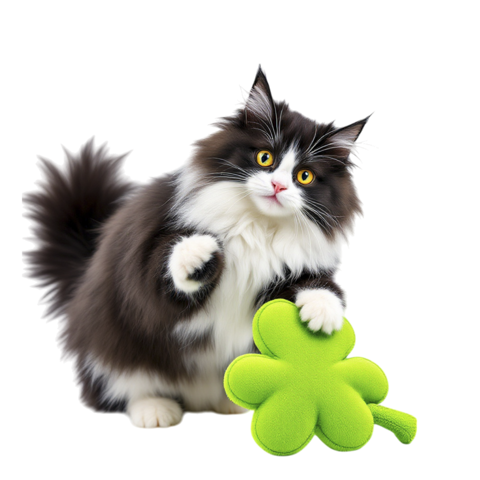 A cat is holding a shamrock shaped toy png