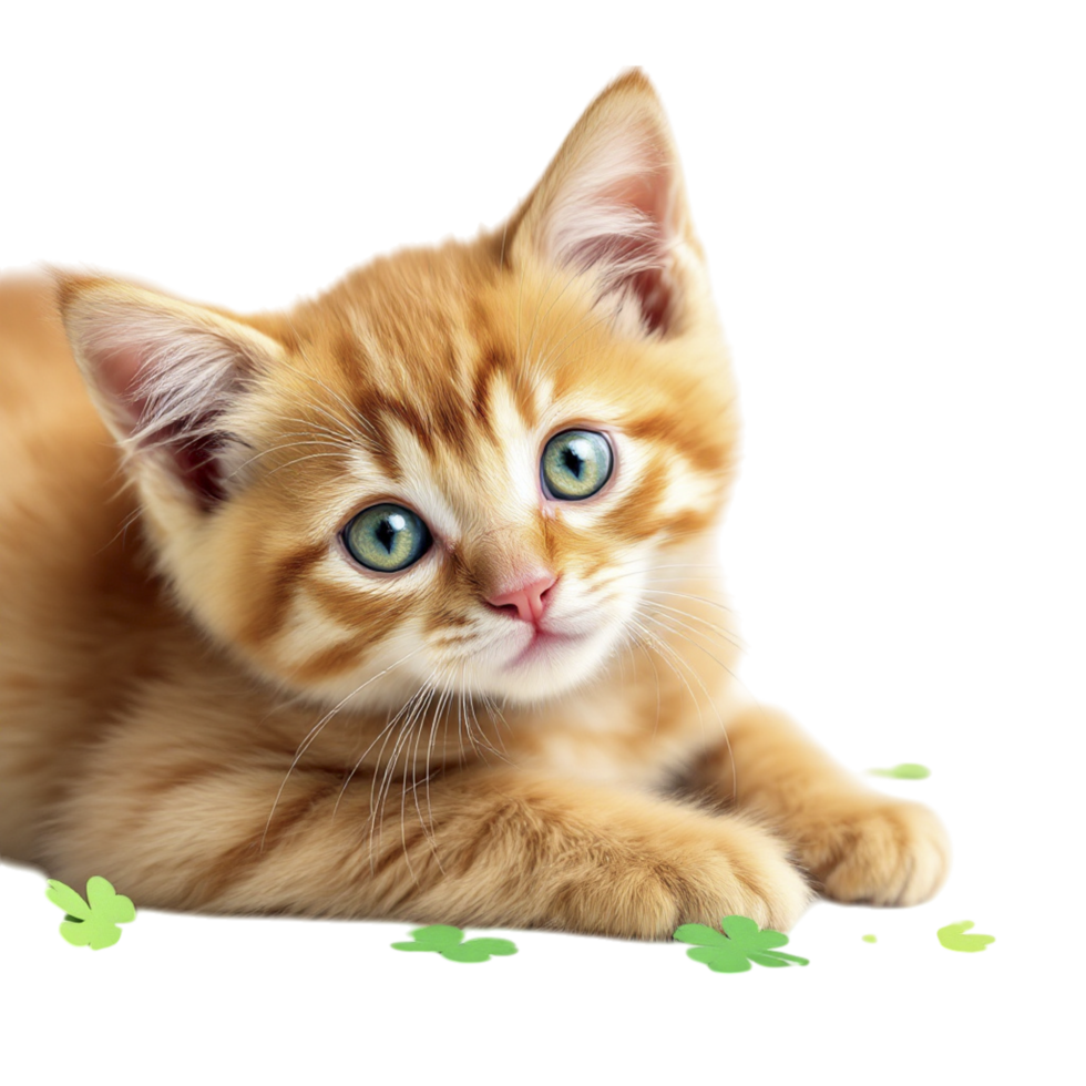 A kitten laying on the ground with green leaves png