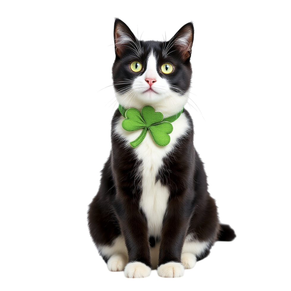 A black and white cat with a green shamrock collar png