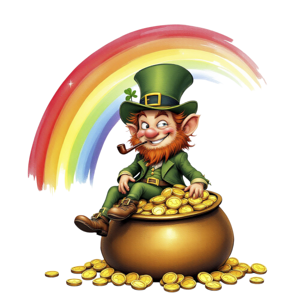 Leprechaun with gold coins and rainbow png