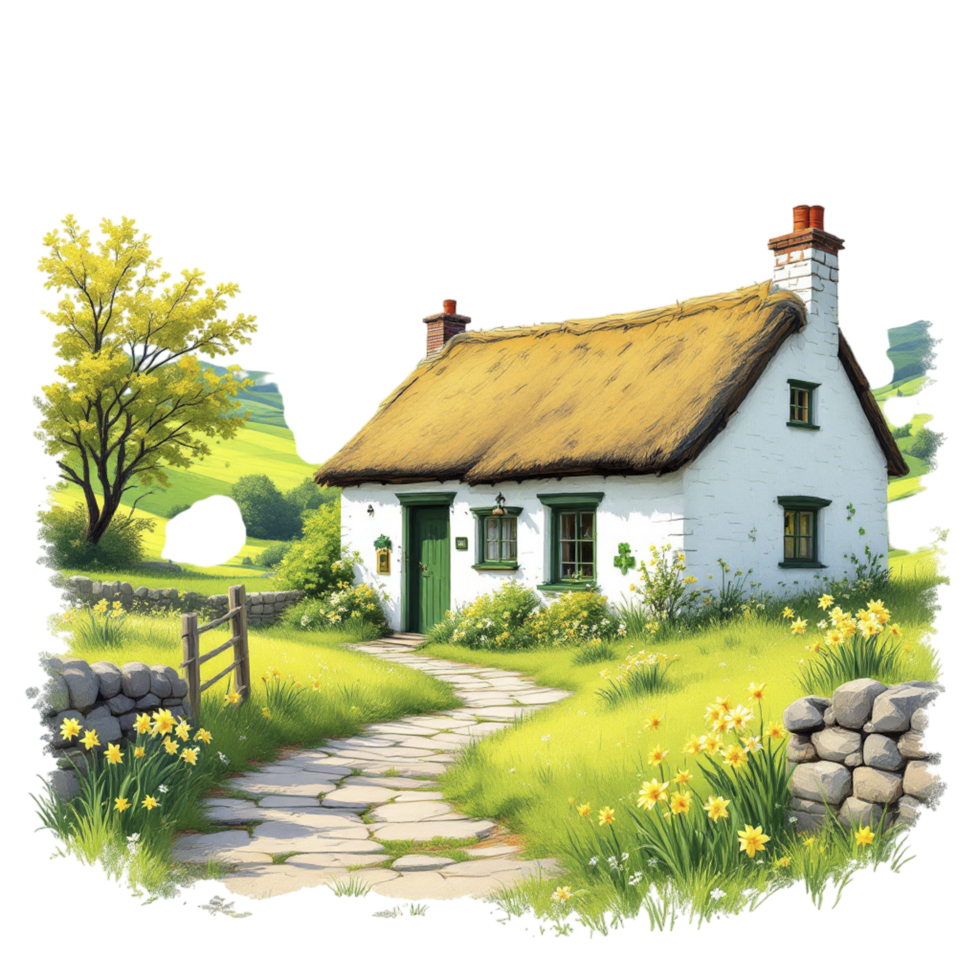 A white cottage with a thatched roof and a path leading to it png