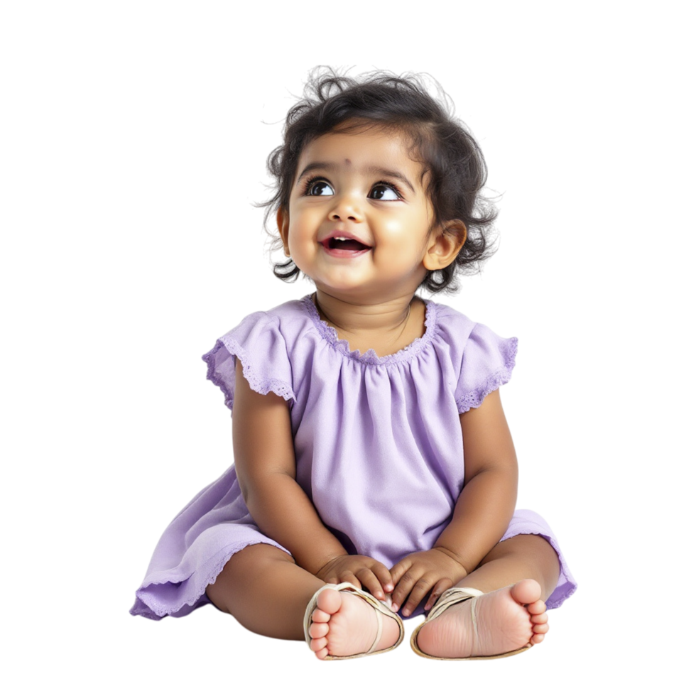 A baby girl in a purple dress sitting on the floor png