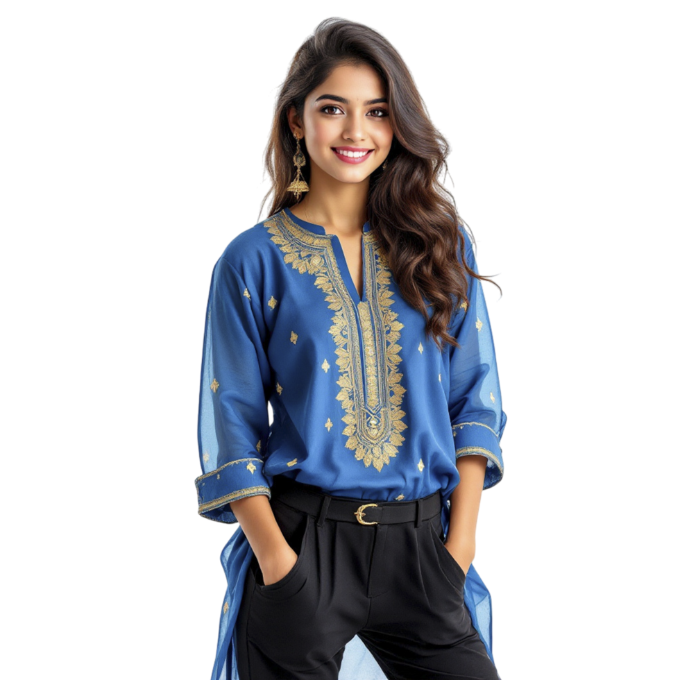 The blue tunic is made from silk and has gold embroidery on the front png