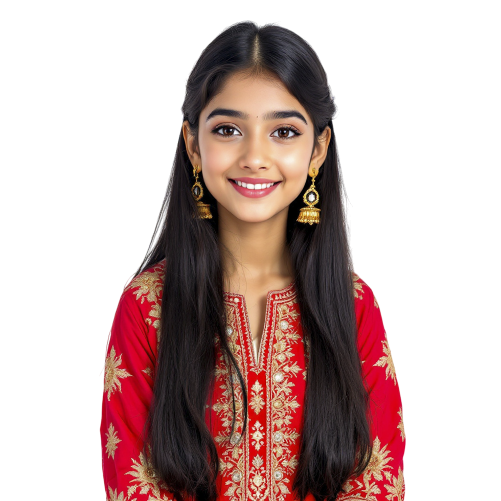 A young girl in a red dress smiling png