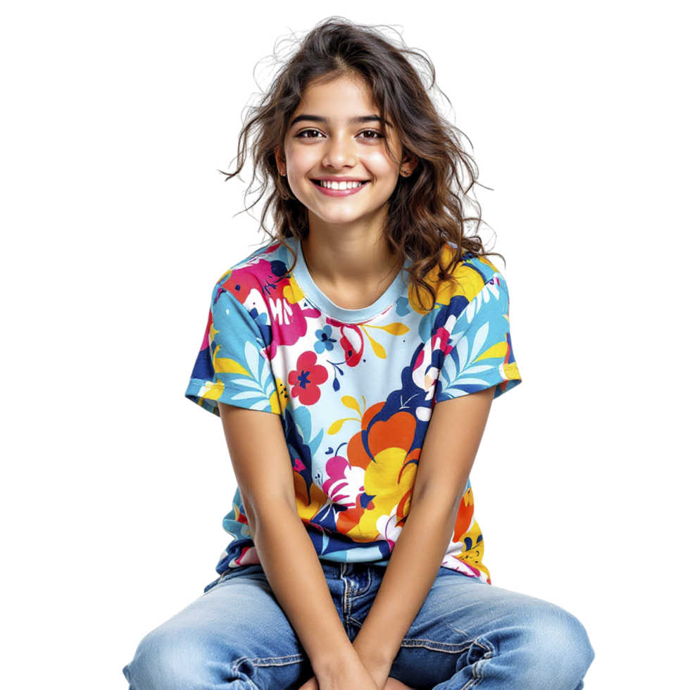 A girl in a colorful shirt sitting on the floor png