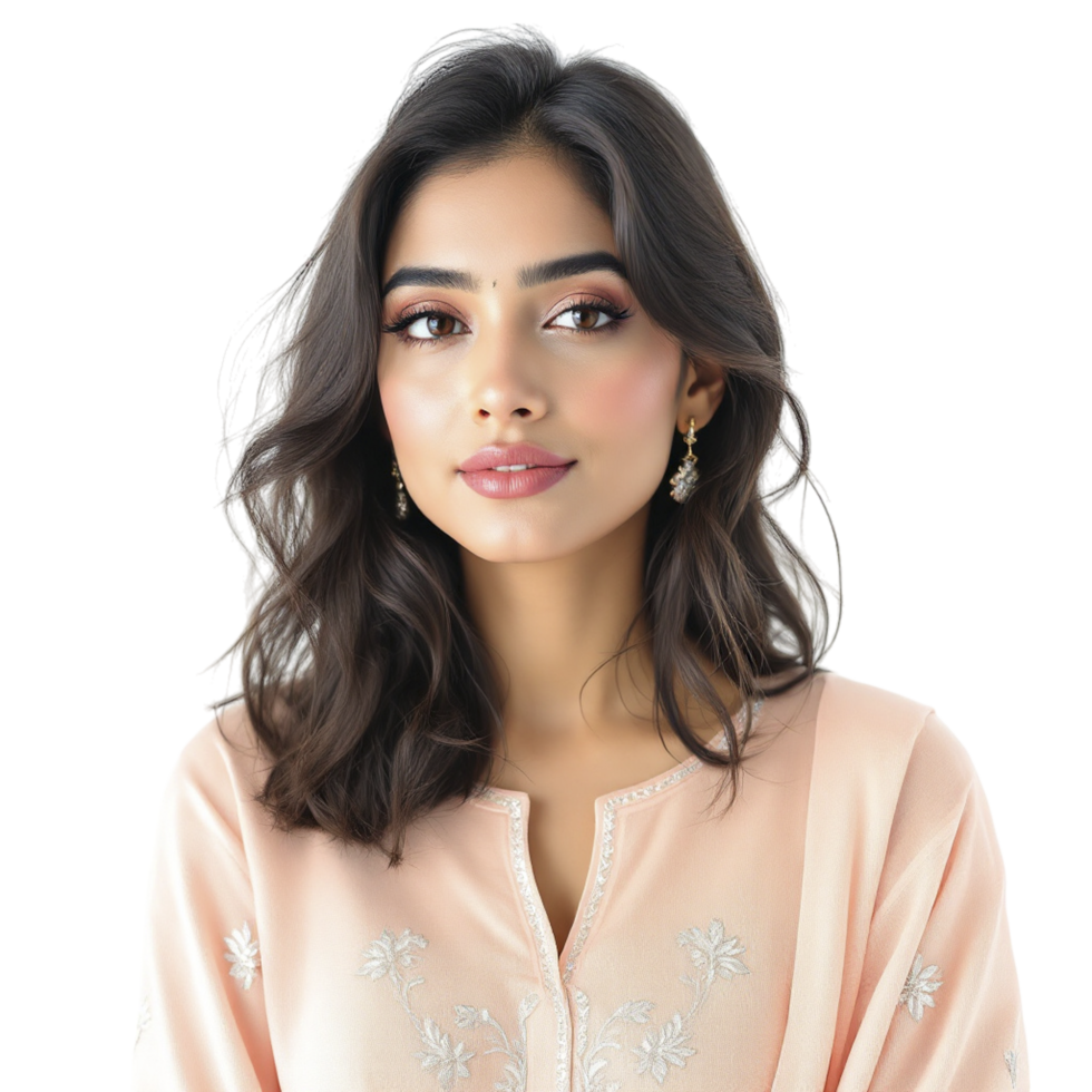 A woman in a pink blouse with embroidered flowers png