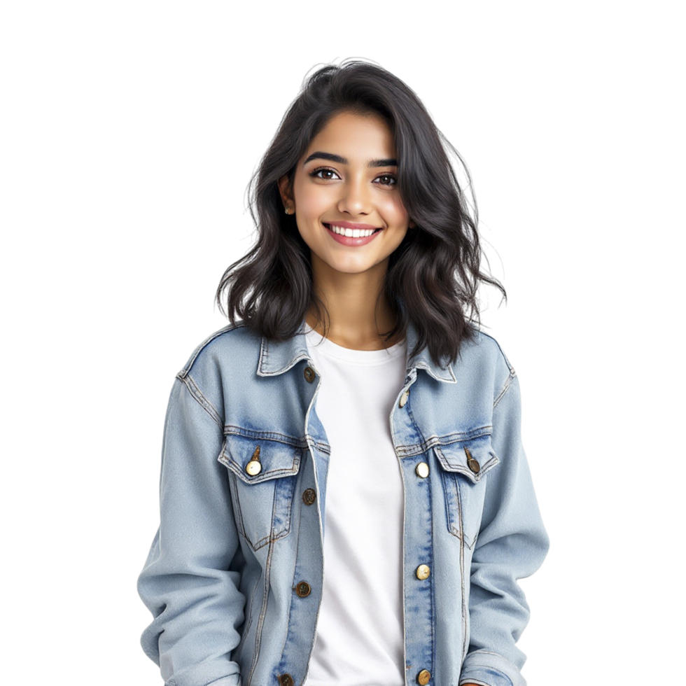 A beautiful young woman wearing a denim jacket and white t - shirt png