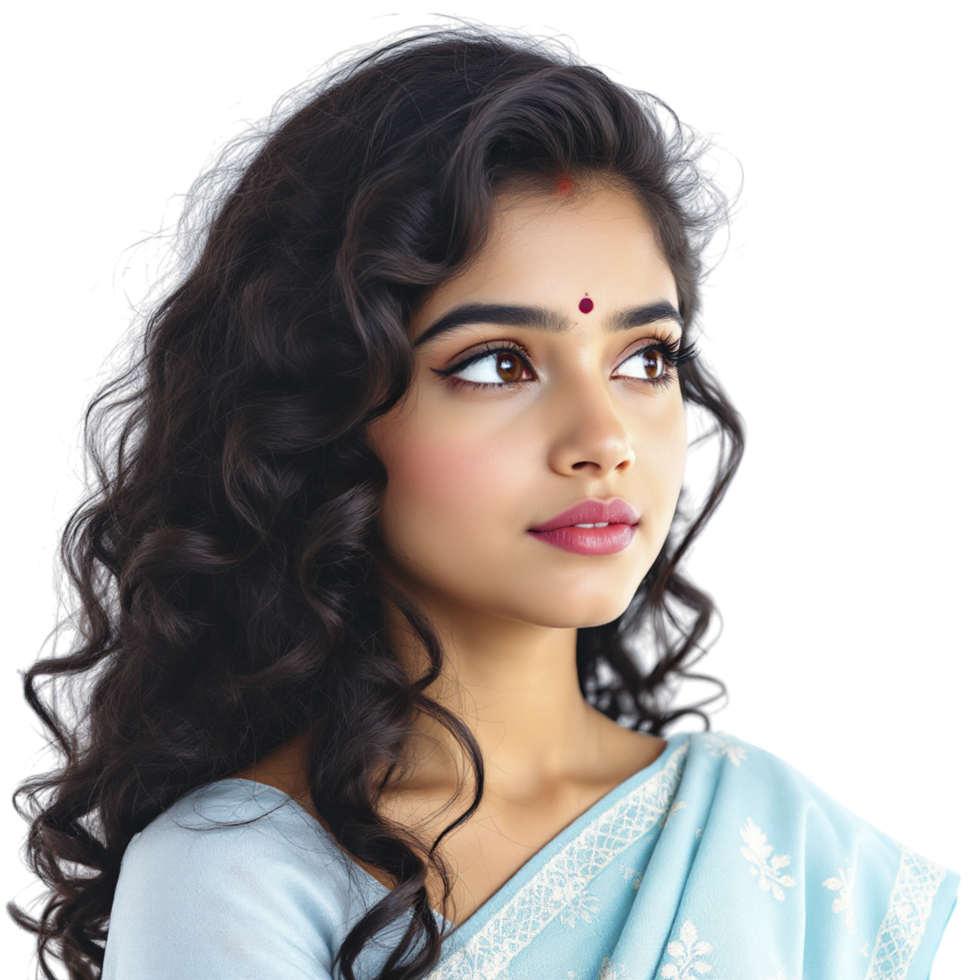 A woman in a blue sari with long hair png