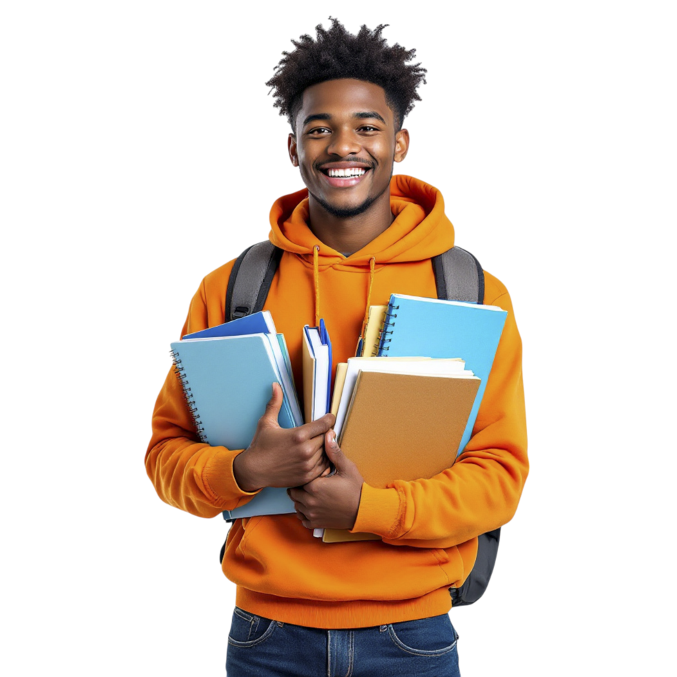 A smiling black man in an orange hoodie holding books png