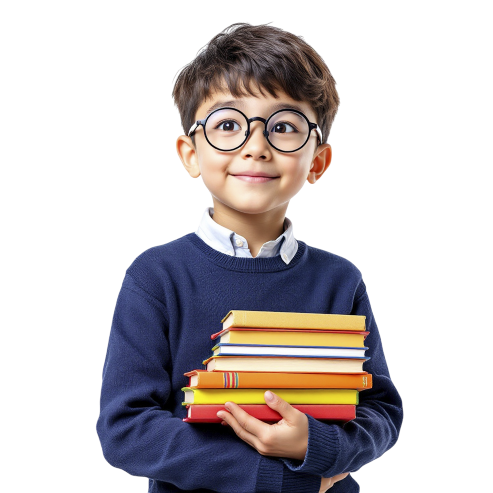 A young boy in glasses holding a stack of books png