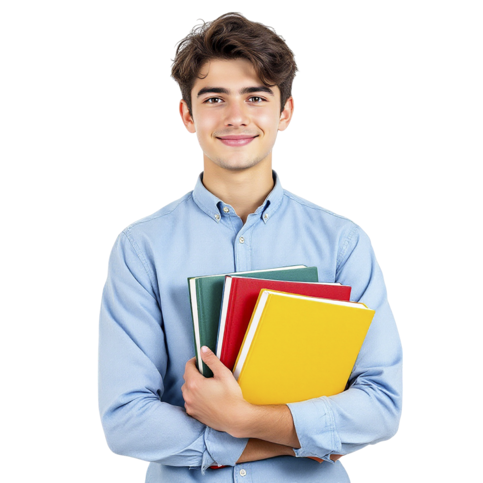 A young man holding a stack of books png