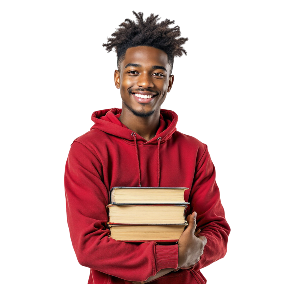 A young man in a red hoodie holding a stack of books png