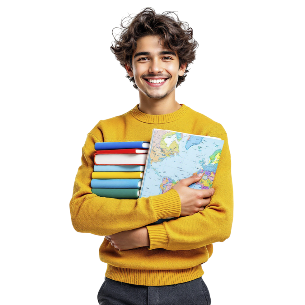 A young man holding a stack of books png