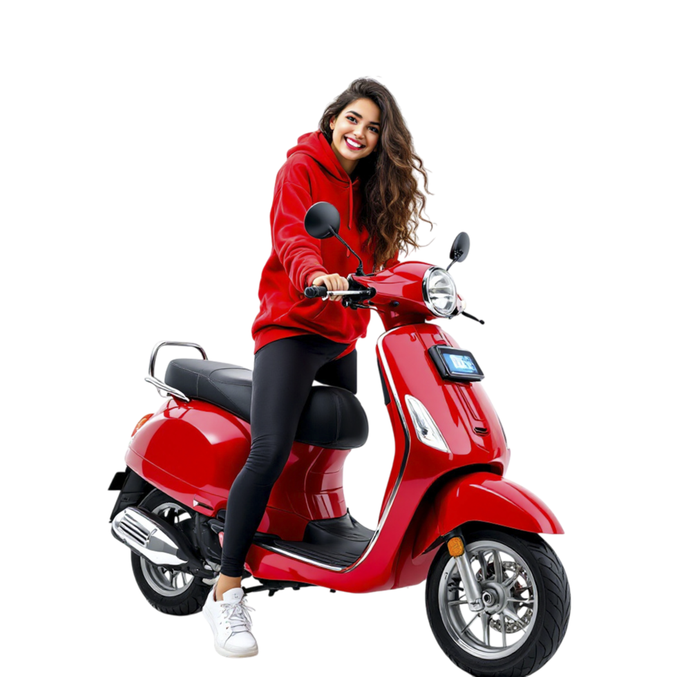A woman in a red hoodie is riding a red scooter png