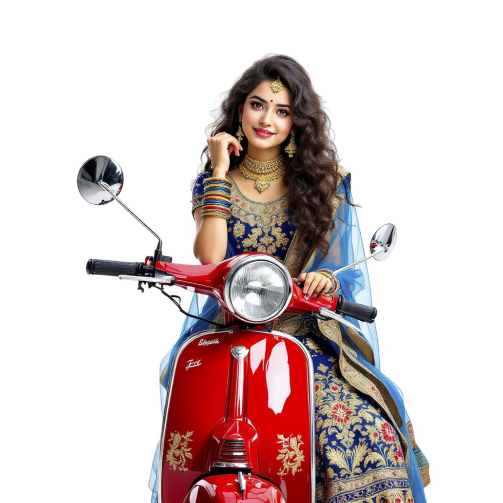 A woman in a traditional indian dress sitting on a red scooter png