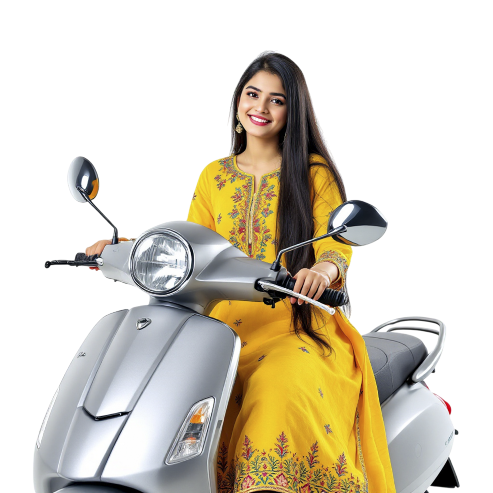 A woman in a yellow dress sitting on a scooter png