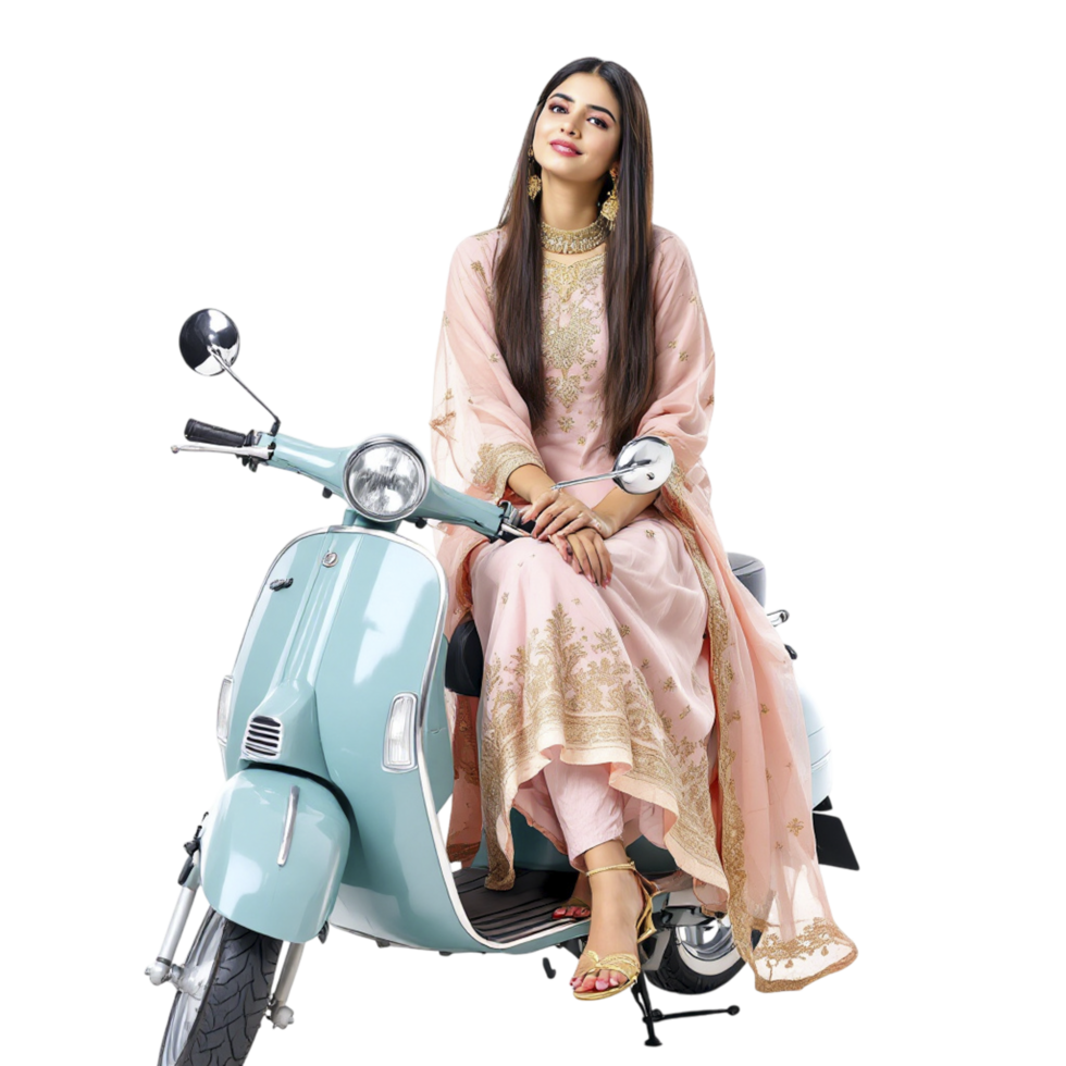 A woman in a pink dress sitting on a scooter png