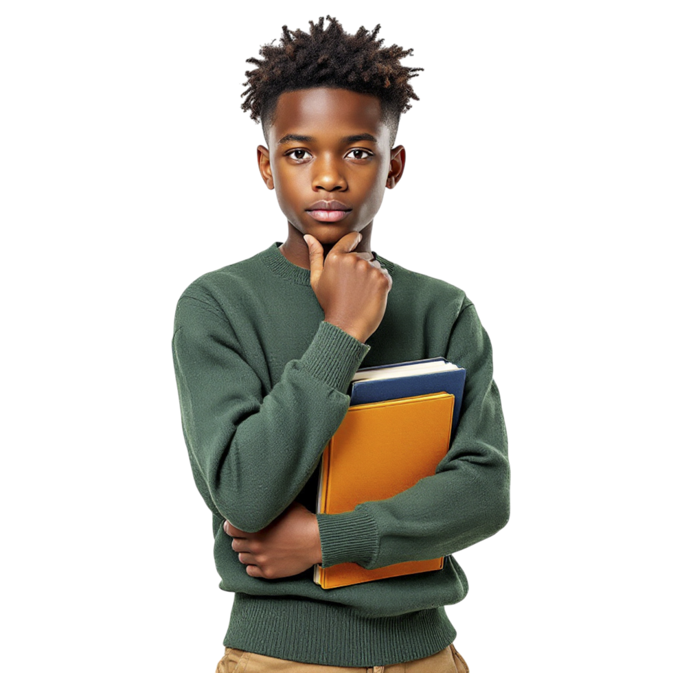 A young african american boy holding a book and looking up png
