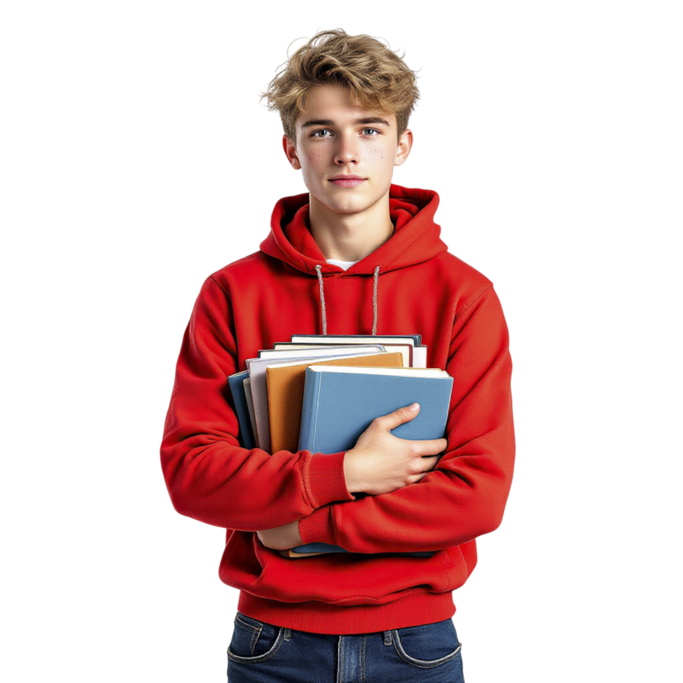 A young man in a red hoodie holding a stack of books png