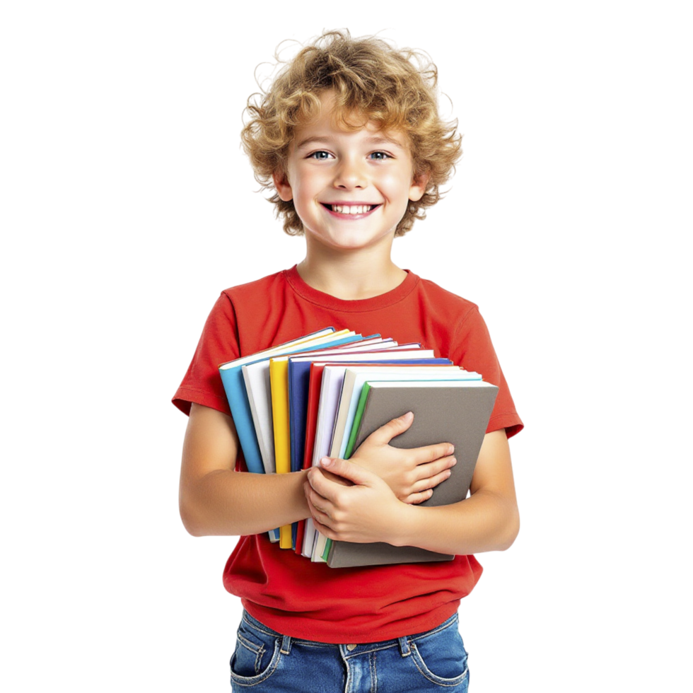 A young boy holding a stack of books png