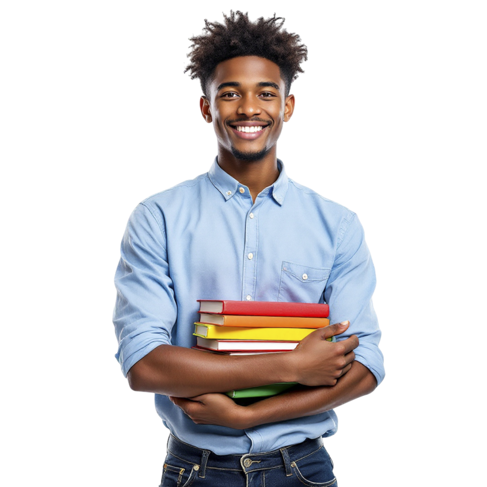 A young man is holding a stack of books png