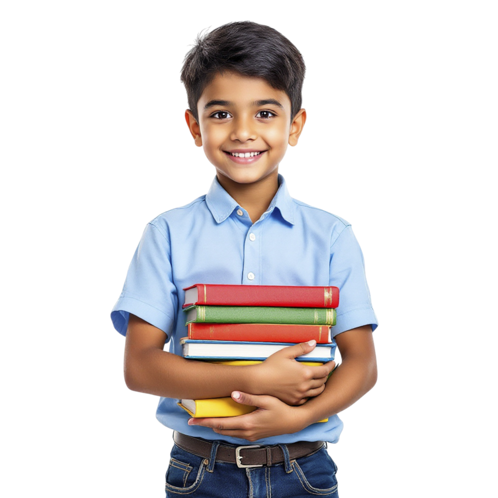 A young boy holding a stack of books png