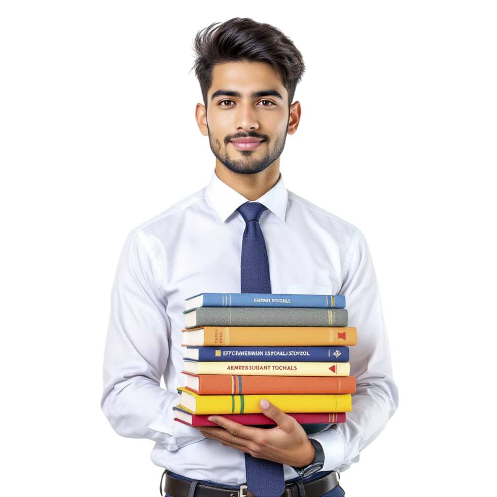 A young man in a tie holding a stack of books png