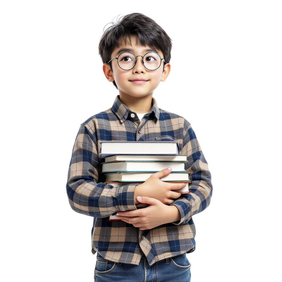 A young boy in glasses holding a stack of books png