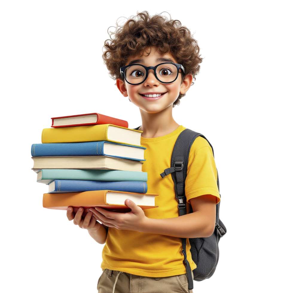 A young boy with glasses and a backpack holding a stack of books png