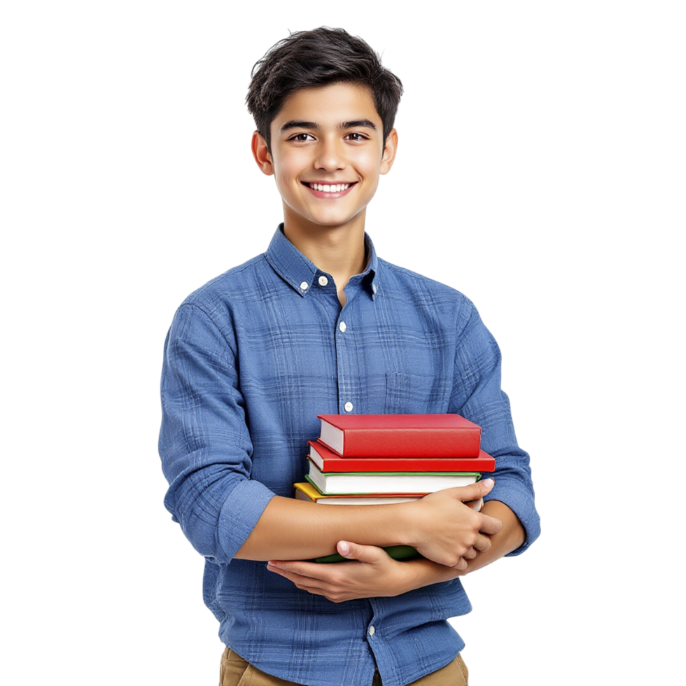 A young man holding a stack of books png