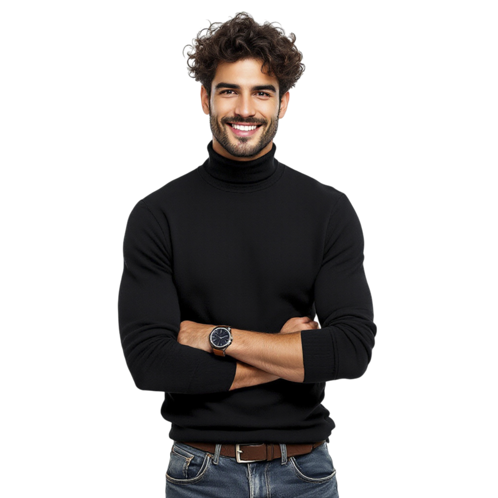 A man in a black turtle neck sweater standing with his arms crossed png